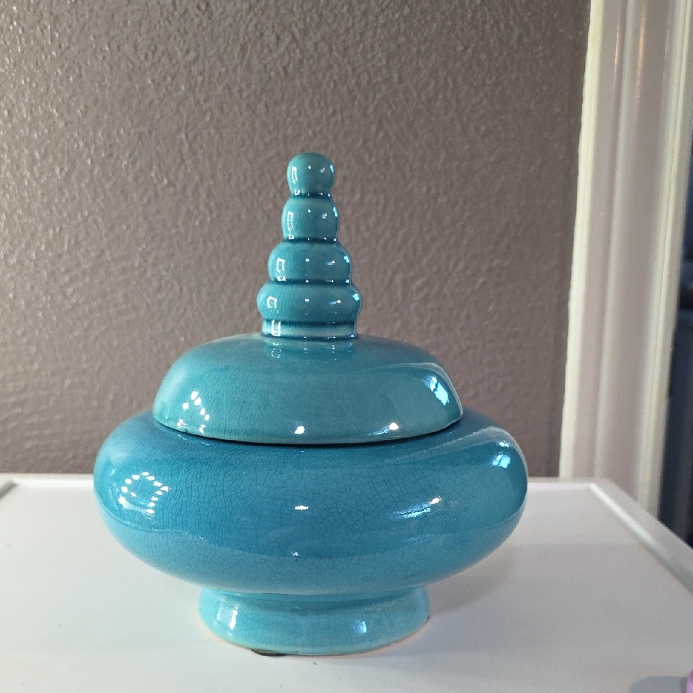 Vintage Turquoise Blue Ceramic Mediterranean Beehive Bowk With Lid